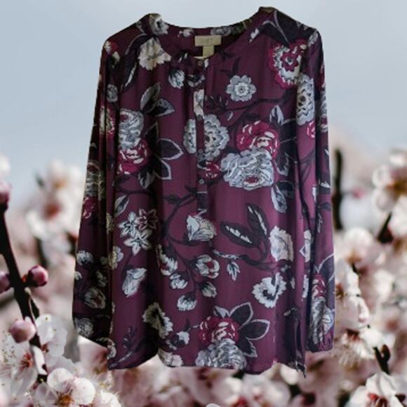 loft small long sleeve plum white floral polyester casual womans lightweight top - Picture 1 of 1